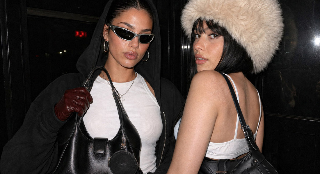 MARVOS black leather shoulder bags styled by models for a modern night-out outfit