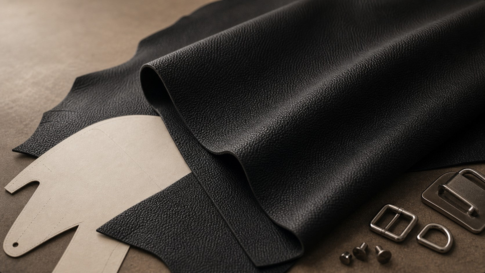 Close-up of MARVOS black leather, stitching, and silver hardware used in structured handbags